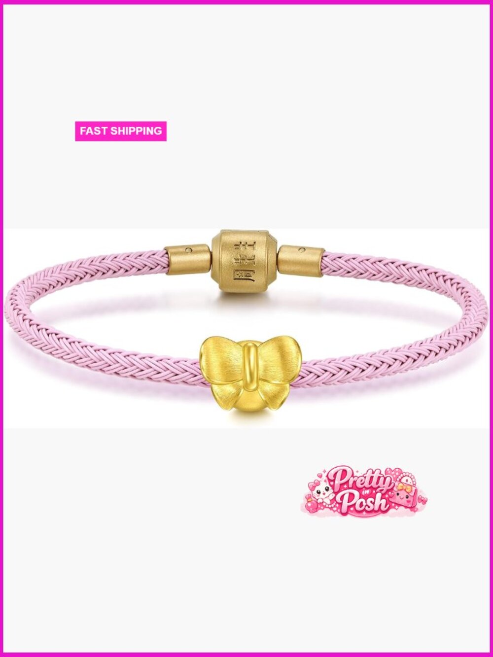 999 Gold Charm Bracelet Bowtie Charm Link Bracelet 17cm